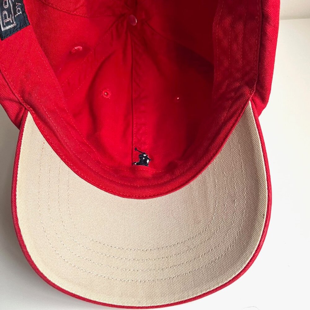 Vintage Polo Ralph Lauren Cotton Chino Ball Cap in Red/Blue with Leather Strap - Picture 8 of 8